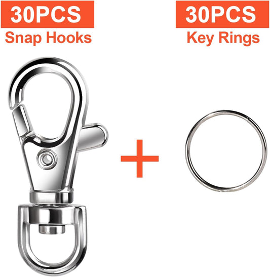 30pcs Silver Metal Swivel Lobster Clasps + 30pcs Key Rings Set, DIY Craft Accessories for Keychains, Jewelry Making, Lanyard Connections