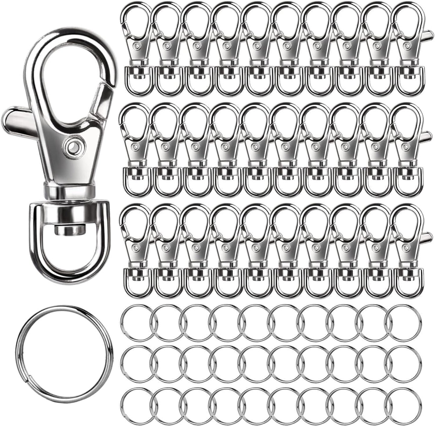 30pcs Silver Metal Swivel Lobster Clasps + 30pcs Key Rings Set, DIY Craft Accessories for Keychains, Jewelry Making, Lanyard Connections